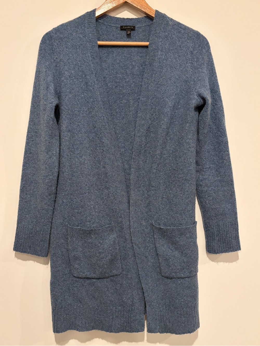 Talbots XS Blue Alpaca Blend Open Front Flyaway Duster Cardigan Sweater Pocket